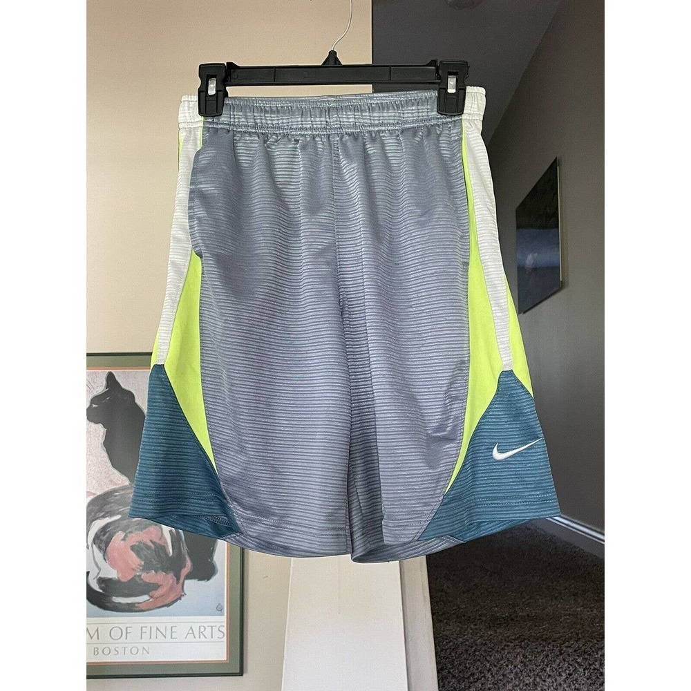 Nike Boys Medium Basketball Shorts Gray Green Youth Swoosh Logo Kids Gym M